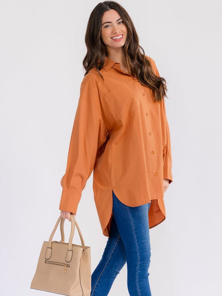 WOMEN'S LONG SLEEVE BUTTON UP HIGH-LOW OVERSIZED SHIRT