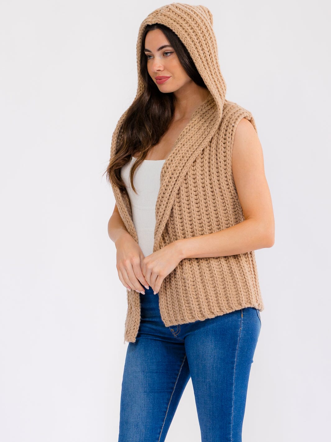 WOMEN'S SLEEVELESS OPEN FRONT HOODED RIBBED CARDIGAN