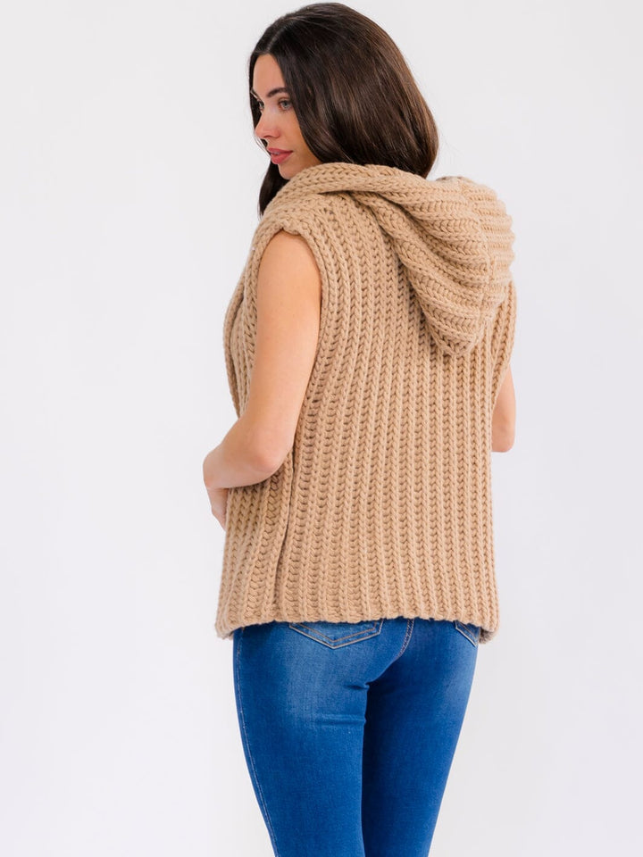 WOMEN'S SLEEVELESS OPEN FRONT HOODED RIBBED CARDIGAN