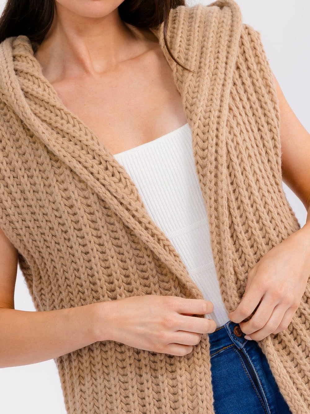 WOMEN'S SLEEVELESS OPEN FRONT HOODED RIBBED CARDIGAN