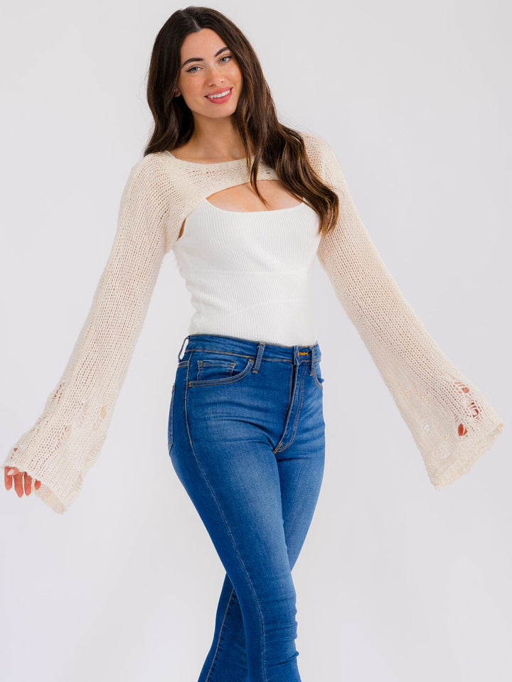 WOMEN'S LONG BELL SLEEVE DISTRESS CROCHET KNIT SHRUG SWEATER