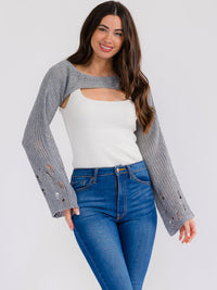 WOMEN'S LONG BELL SLEEVE DISTRESS CROCHET KNIT SHRUG SWEATER