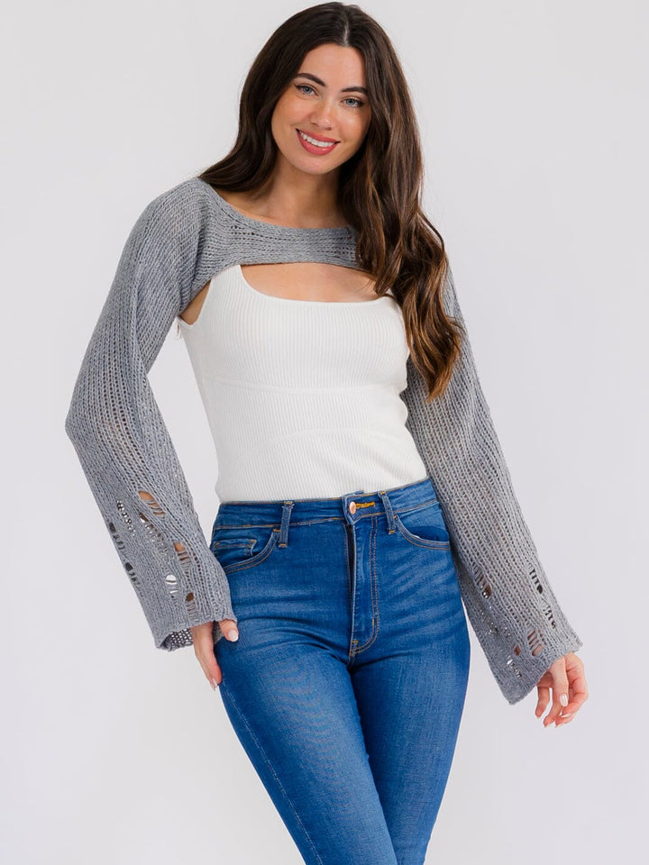 WOMEN'S LONG BELL SLEEVE DISTRESS CROCHET KNIT SHRUG SWEATER