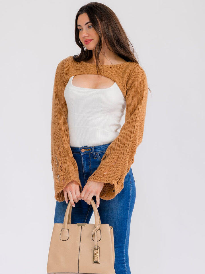 WOMEN'S LONG BELL SLEEVE DISTRESS CROCHET KNIT SHRUG SWEATER