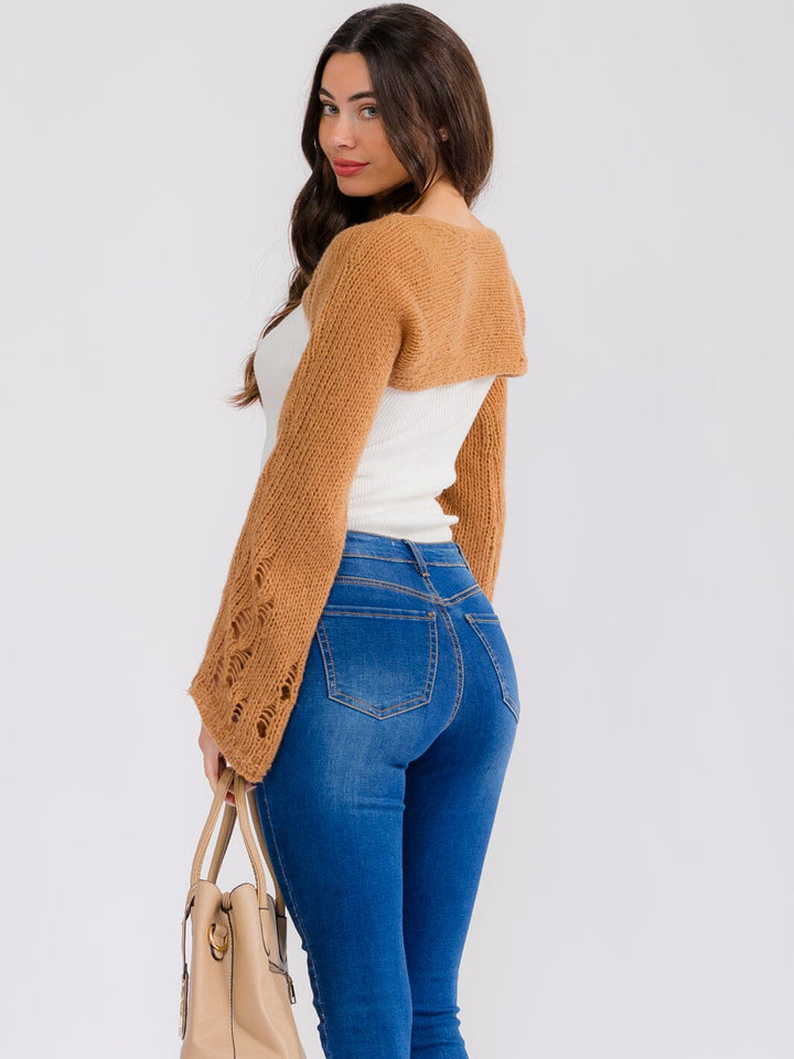 WOMEN'S LONG BELL SLEEVE DISTRESS CROCHET KNIT SHRUG SWEATER