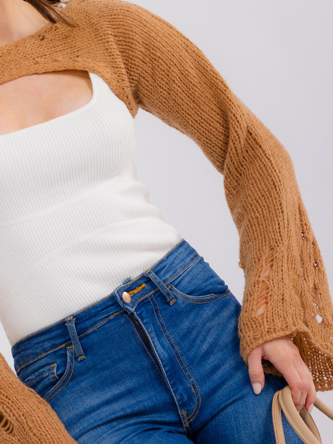 WOMEN'S LONG BELL SLEEVE DISTRESS CROCHET KNIT SHRUG SWEATER