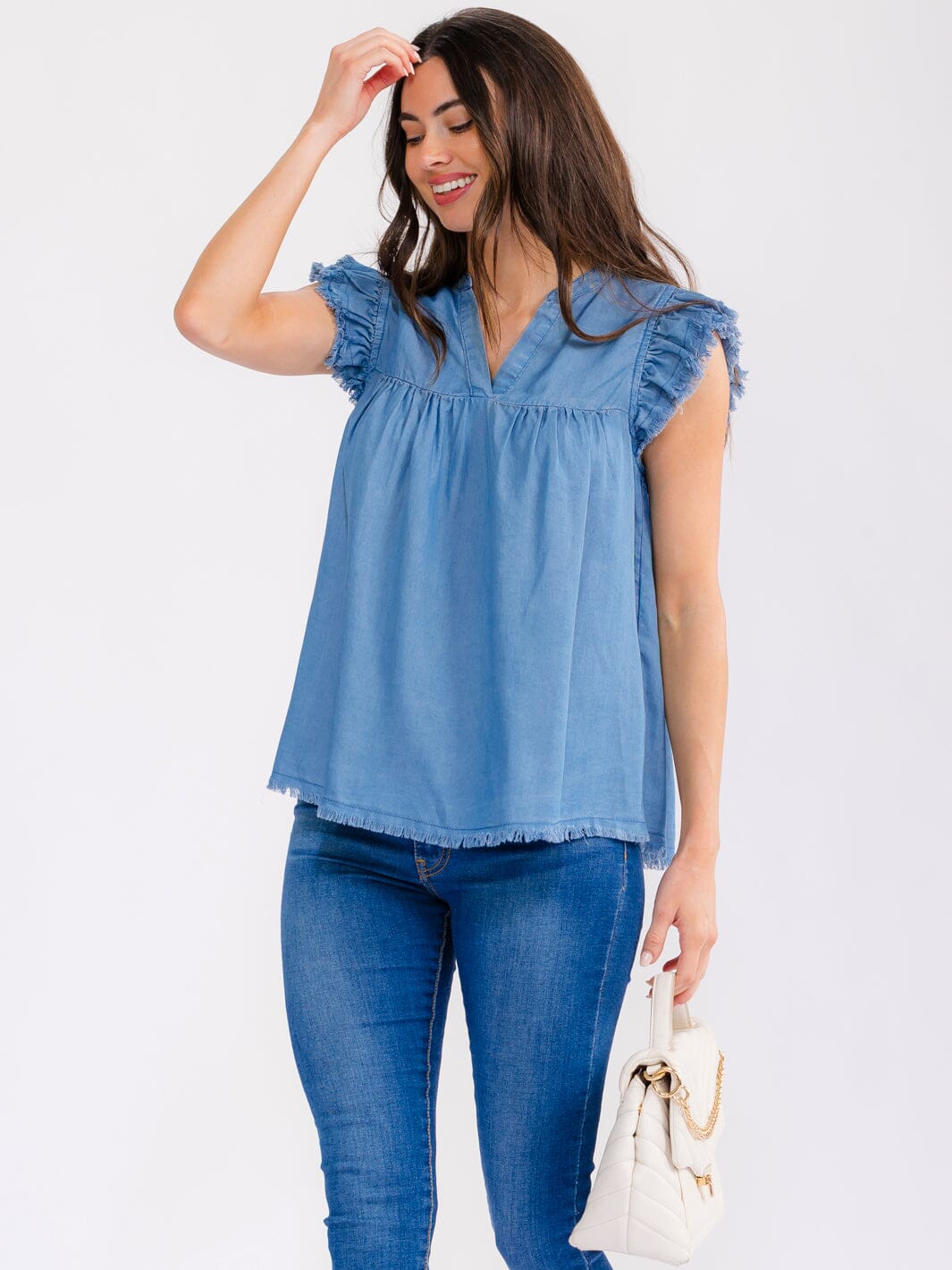 WOMEN'S RUFFLE SLEEVE V-NECK CHAMBRAY BLOUSE