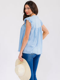 WOMEN'S RUFFLE SLEEVE V-NECK CHAMBRAY BLOUSE