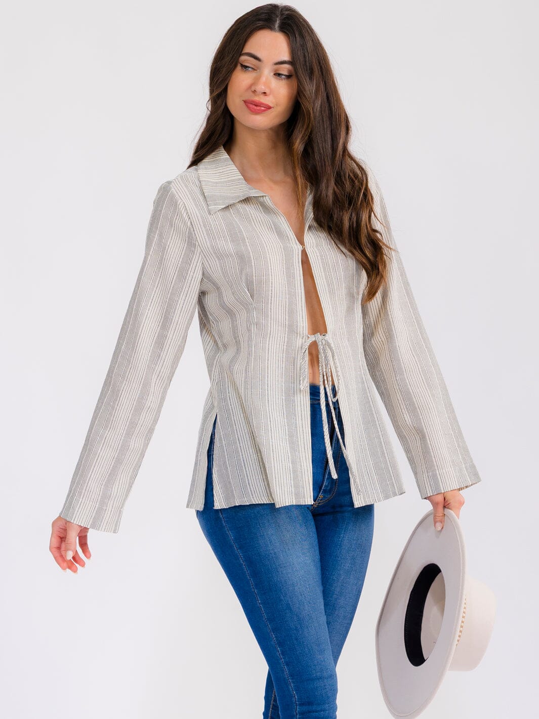 WOMEN'S LONG SLEEVE V-NECK FRONT TIE STRIPES BLOUSE