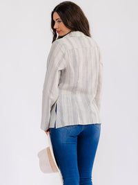 WOMEN'S LONG SLEEVE V-NECK FRONT TIE STRIPES BLOUSE