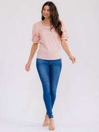 WOMEN'S SHORT PUFF SLEEVE SOLID BLOUSE