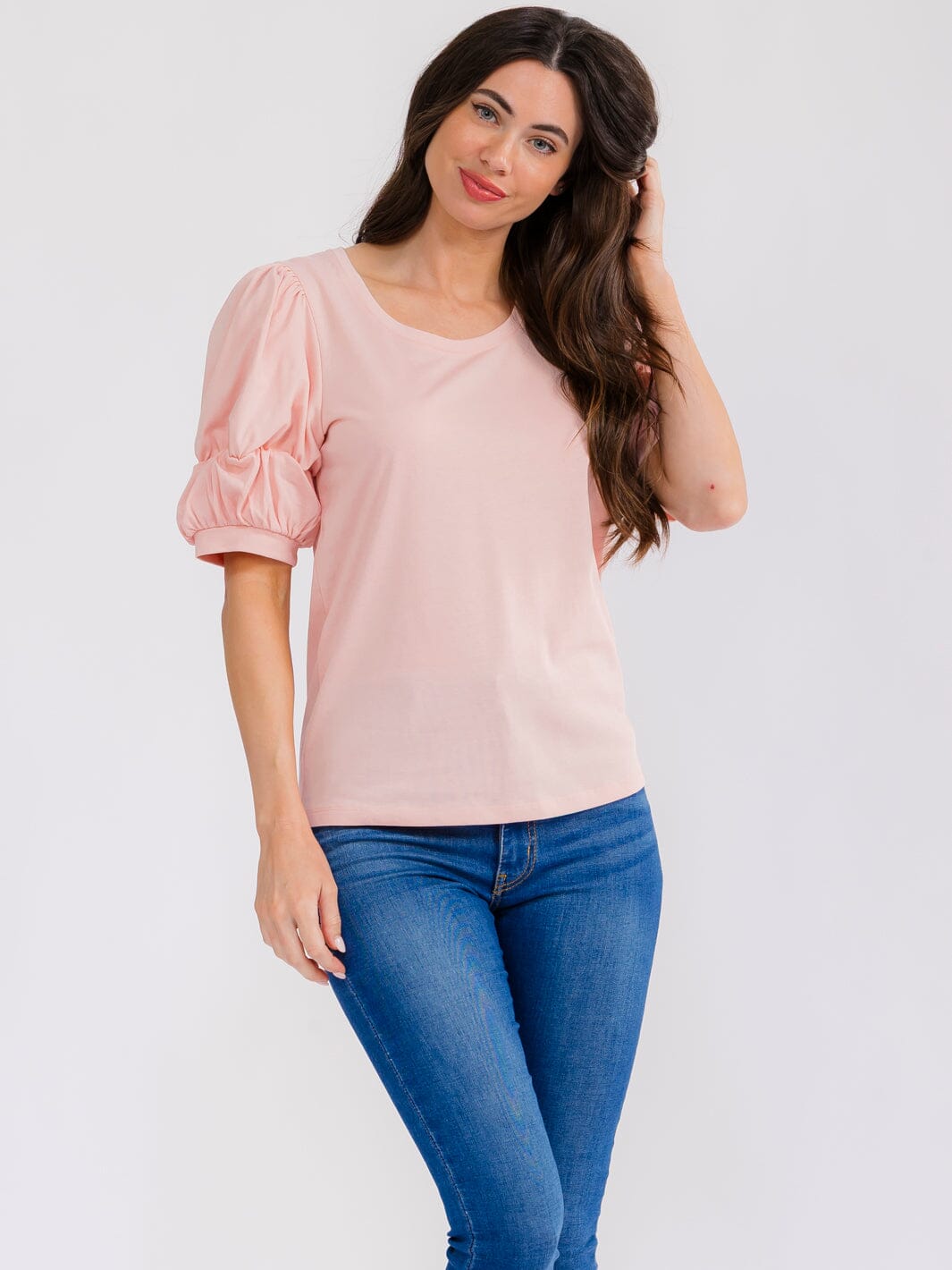 WOMEN'S SHORT PUFF SLEEVE SOLID BLOUSE