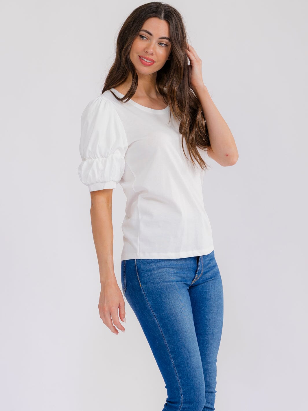 WOMEN'S SHORT PUFF SLEEVE SOLID BLOUSE