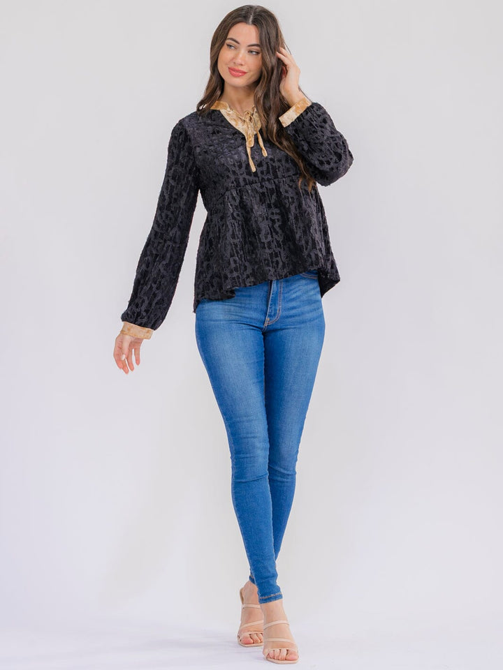 WOMEN'S LONG SLEEVE V-NECK VELVET BLOUSE
