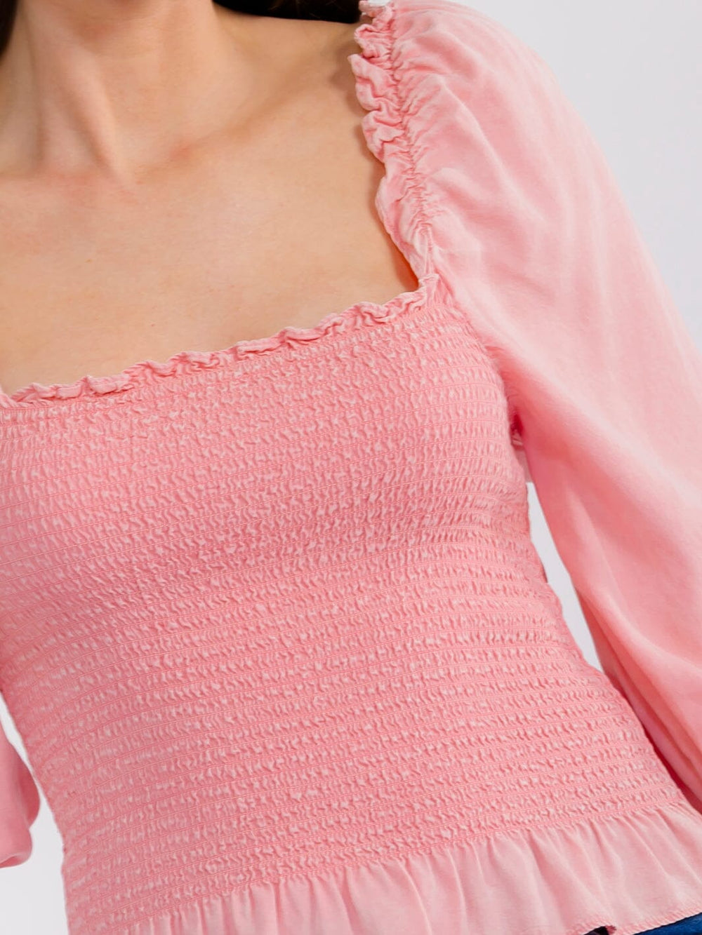 WOMEN'S LONG SLEEVE SQUARE NECK SMOCK RUFFLE BLOUSE