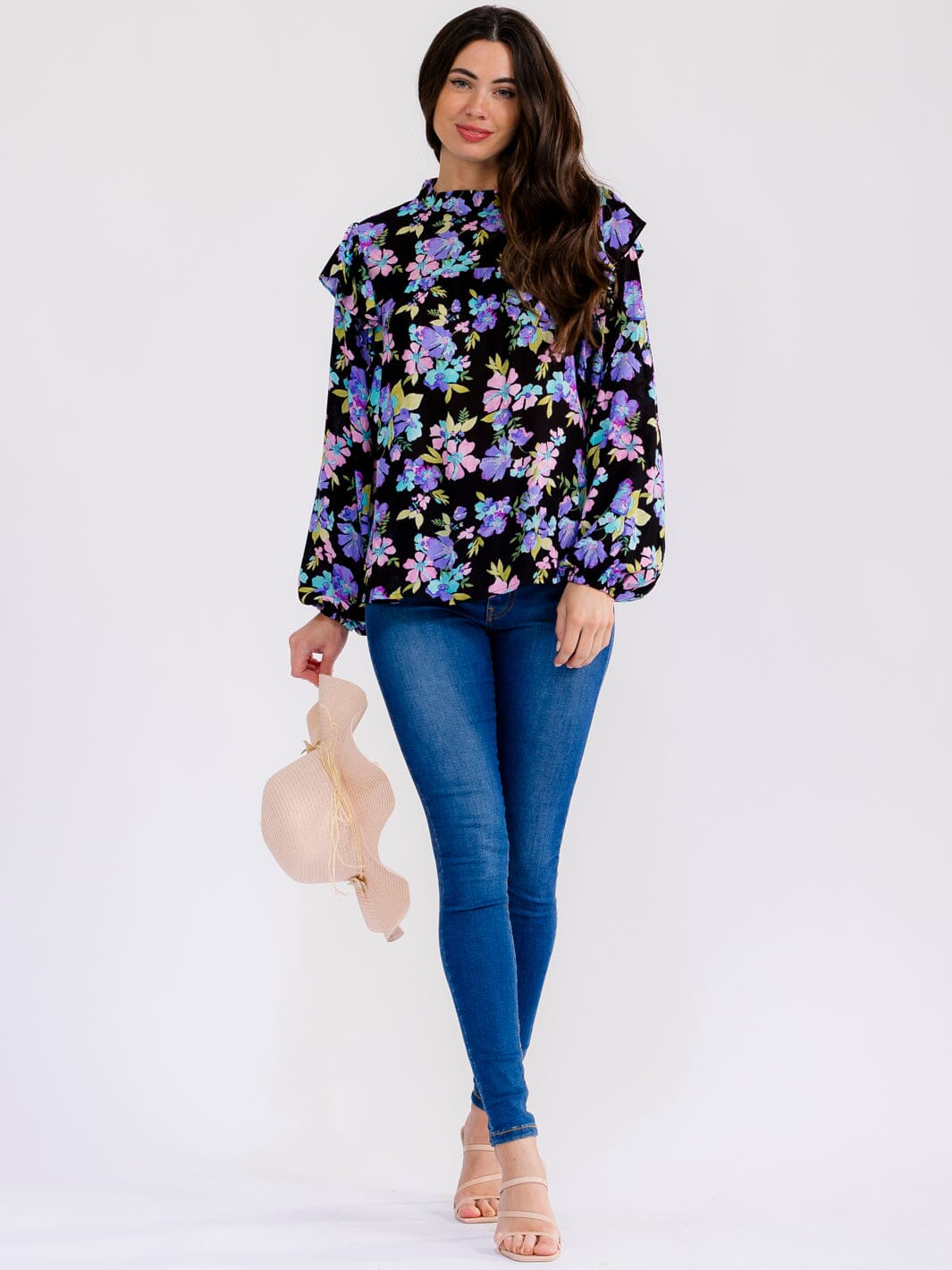 WOMEN'S LONG SLEEVE RUFFLE FLORAL BLOUSE