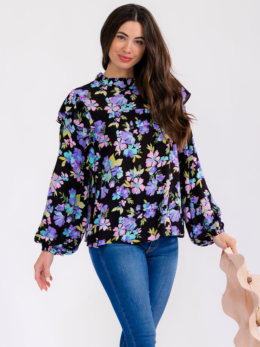 WOMEN'S LONG SLEEVE RUFFLE FLORAL BLOUSE
