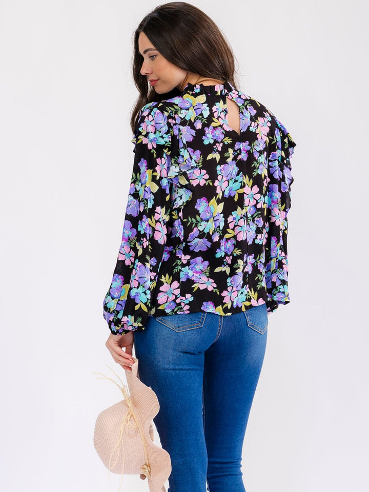 WOMEN'S LONG SLEEVE RUFFLE FLORAL BLOUSE