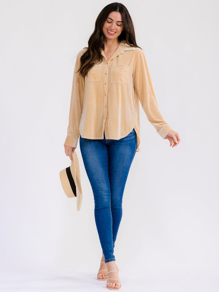 WOMEN'S LONG SLEEVE BUTTON UP FRONT POCKETS HIGH-LOW RIBBED BLOUSE