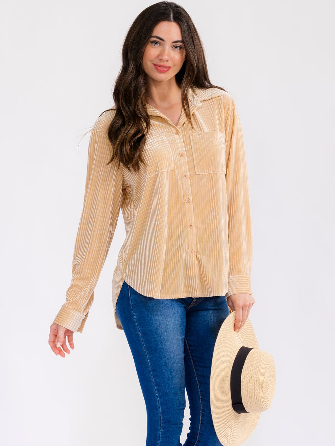 WOMEN'S LONG SLEEVE BUTTON UP FRONT POCKETS HIGH-LOW RIBBED BLOUSE