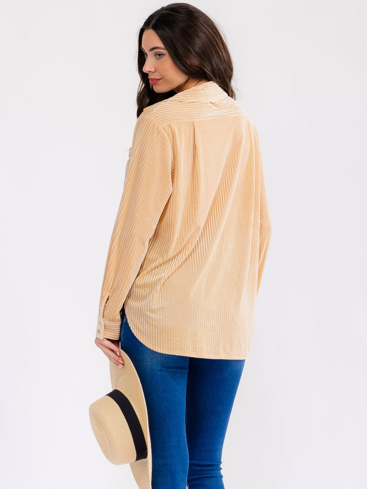WOMEN'S LONG SLEEVE BUTTON UP FRONT POCKETS HIGH-LOW RIBBED BLOUSE