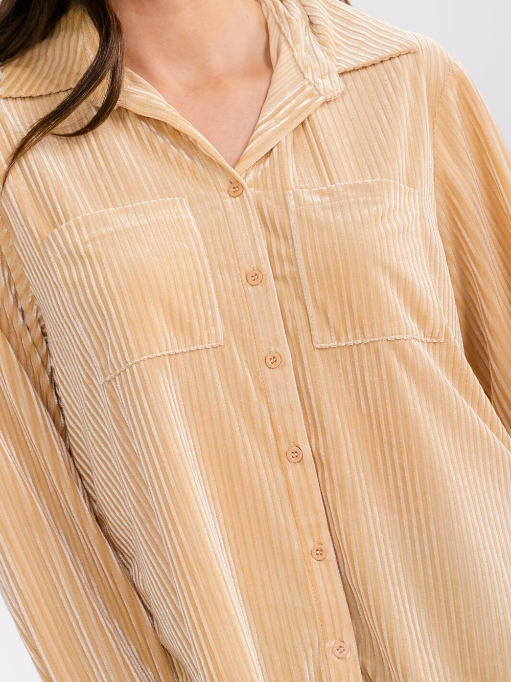 WOMEN'S LONG SLEEVE BUTTON UP FRONT POCKETS HIGH-LOW RIBBED BLOUSE