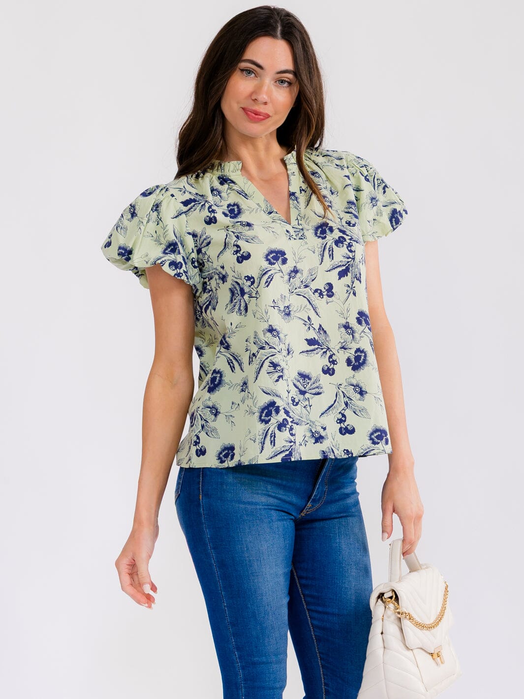 WOMEN'S SHORT PUFF SLEEVE V-NECK FLORAL BLOUSE