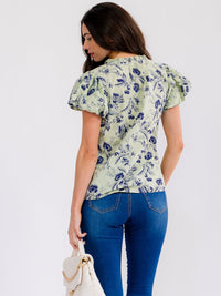 WOMEN'S SHORT PUFF SLEEVE V-NECK FLORAL BLOUSE