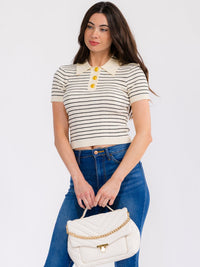 WOMEN'S SHORT SLEEVE BUTTON UP STRIPES COLORBLOCK TOP