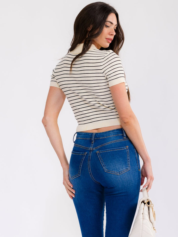 WOMEN'S SHORT SLEEVE BUTTON UP STRIPES COLORBLOCK TOP