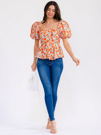 WOMEN'S SHORT PUFF SLEEVE SQUARE NECK EYELET FLORAL BLOUSE