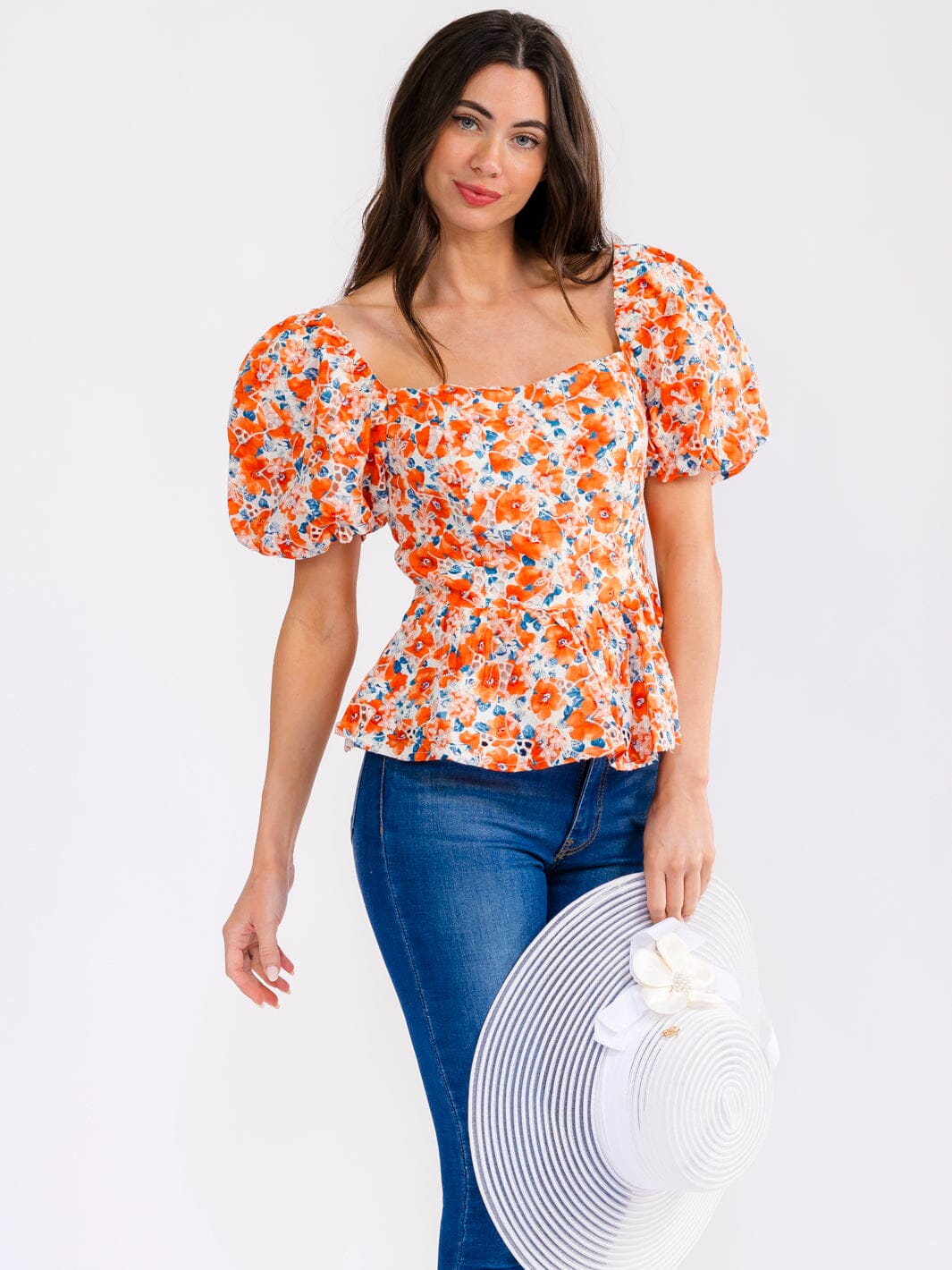 WOMEN'S SHORT PUFF SLEEVE SQUARE NECK EYELET FLORAL BLOUSE