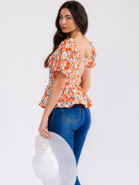 WOMEN'S SHORT PUFF SLEEVE SQUARE NECK EYELET FLORAL BLOUSE
