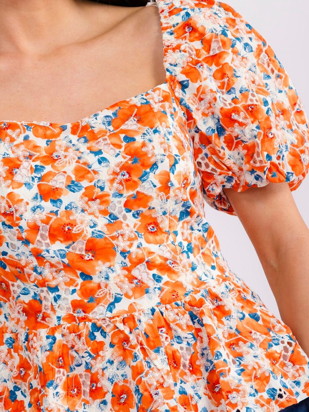 WOMEN'S SHORT PUFF SLEEVE SQUARE NECK EYELET FLORAL BLOUSE