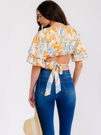 WOMEN'S SHORT PUFF SLEEVE OPEN BACK FLORAL CROP TOP