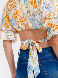 WOMEN'S SHORT PUFF SLEEVE OPEN BACK FLORAL CROP TOP