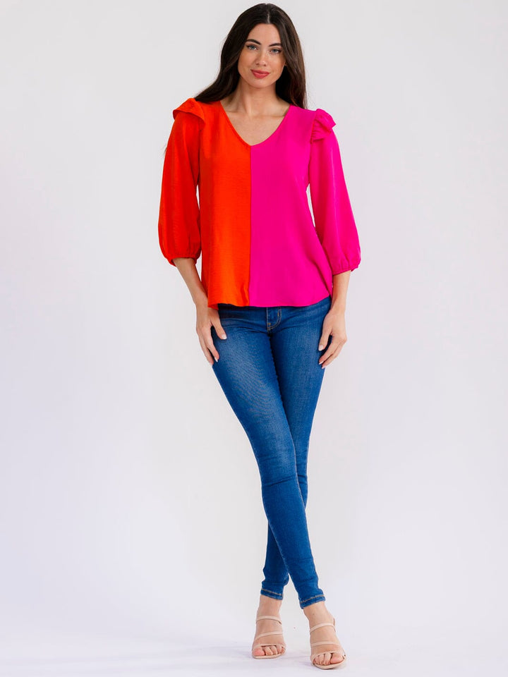 WOMEN'S 3/4 SLEEVE V-NECK RUFFLE COLORBLOCK BLOUSE