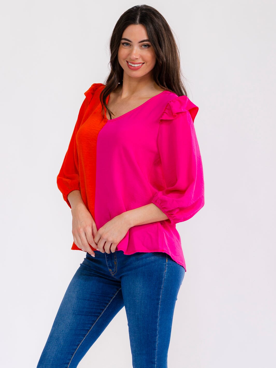 WOMEN'S 3/4 SLEEVE V-NECK RUFFLE COLORBLOCK BLOUSE