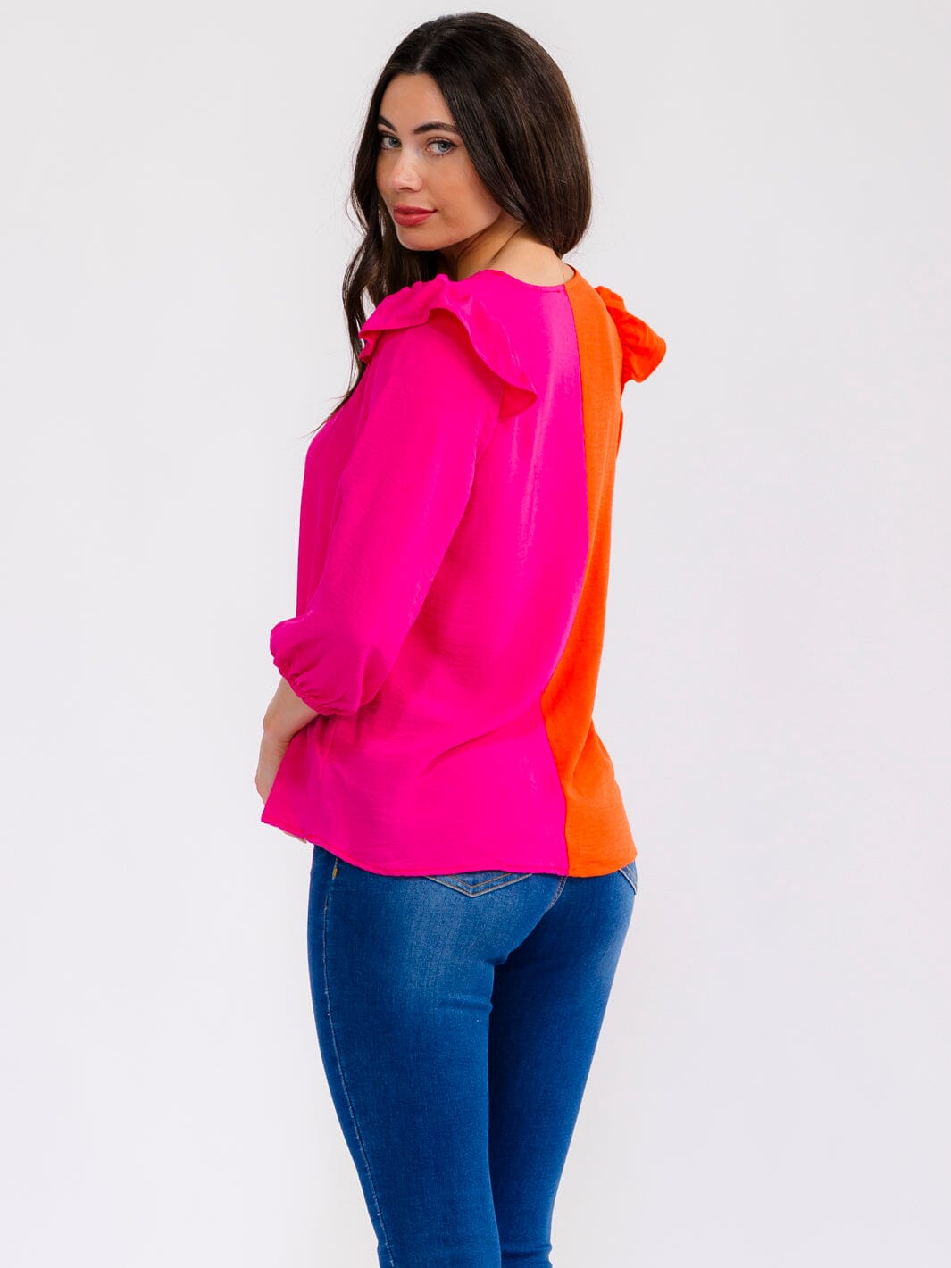 WOMEN'S 3/4 SLEEVE V-NECK RUFFLE COLORBLOCK BLOUSE