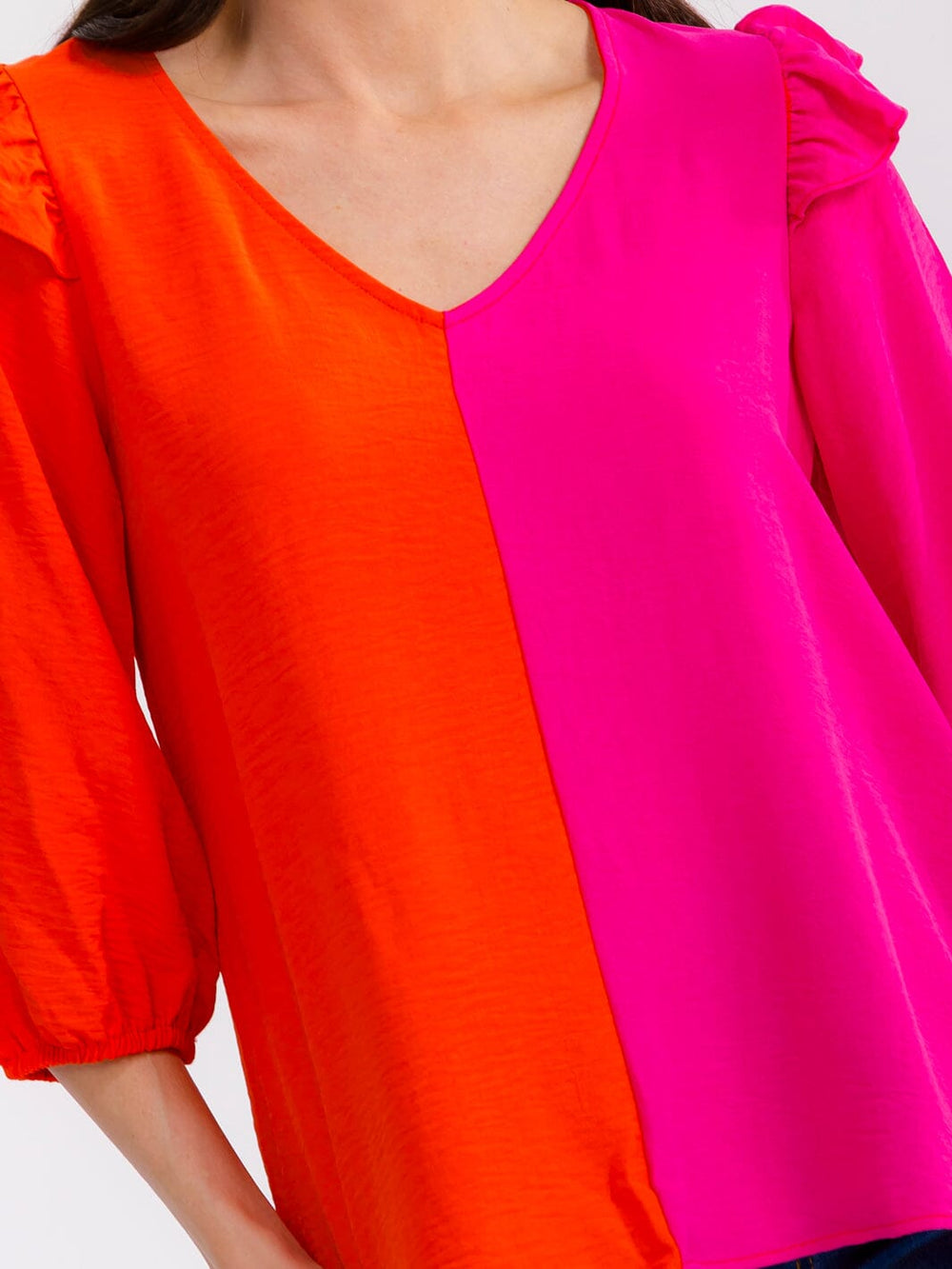 WOMEN'S 3/4 SLEEVE V-NECK RUFFLE COLORBLOCK BLOUSE