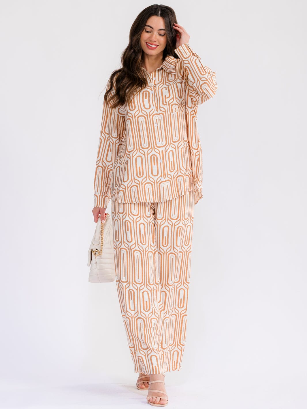 WOMEN'S LONG SLEEVE BLOUSE & ELASTIC WAIST WIDE LEG PANTS PRINTED 2PC. SET