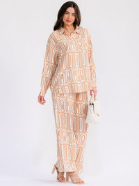 WOMEN'S LONG SLEEVE BLOUSE & ELASTIC WAIST WIDE LEG PANTS PRINTED 2PC. SET