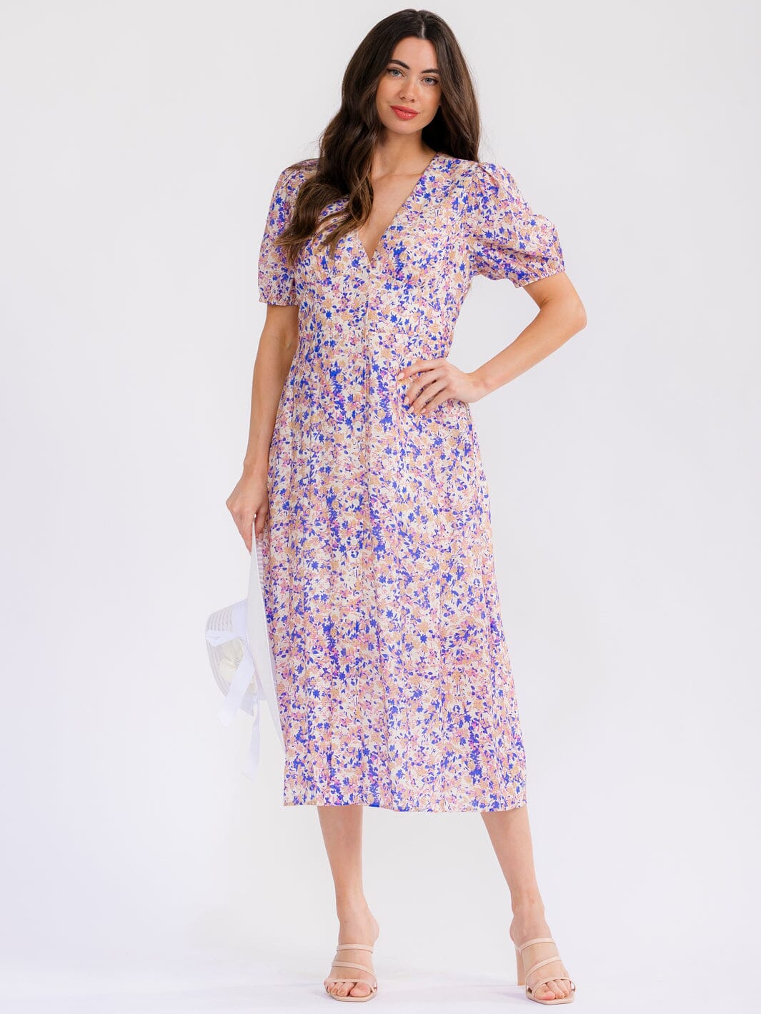WOMEN'S SHORT SLEEVE V-NECK BUTTON UP FRONT POCKETS FLORAL MAXI DRESS