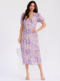 WOMEN'S SHORT SLEEVE V-NECK BUTTON UP FRONT POCKETS FLORAL MAXI DRESS
