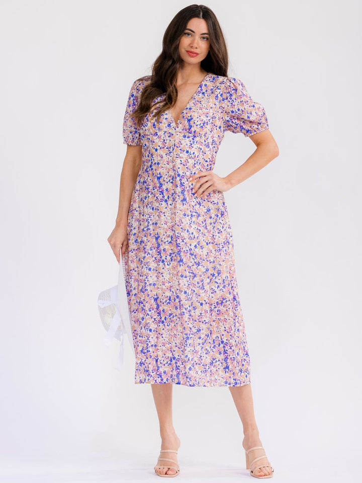 WOMEN'S SHORT SLEEVE V-NECK BUTTON UP FRONT POCKETS FLORAL MAXI DRESS