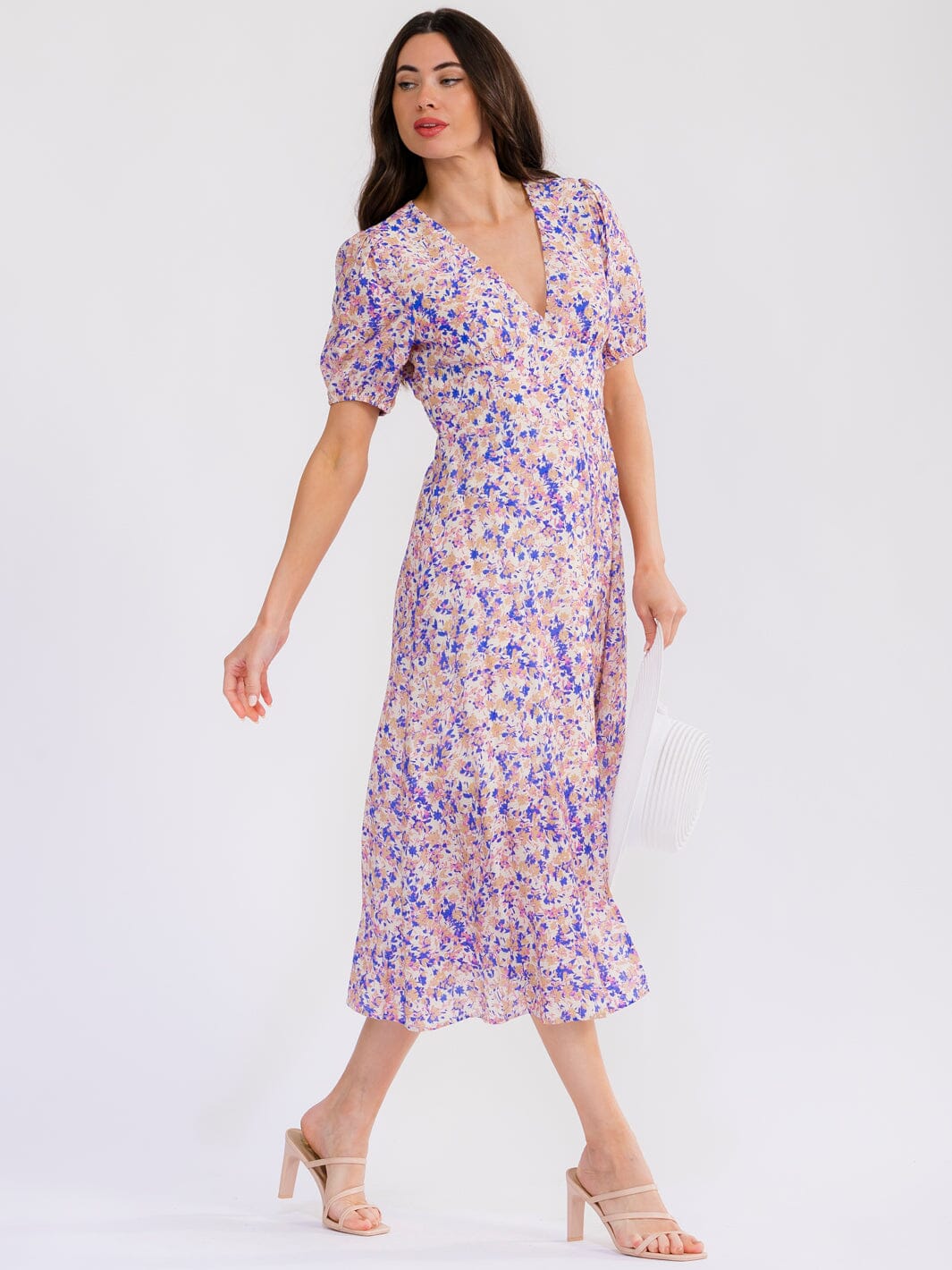 WOMEN'S SHORT SLEEVE V-NECK BUTTON UP FRONT POCKETS FLORAL MAXI DRESS