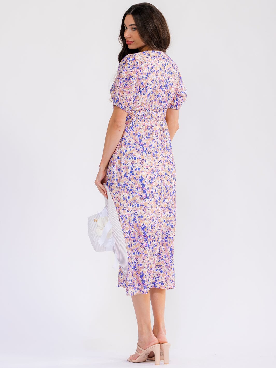 WOMEN'S SHORT SLEEVE V-NECK BUTTON UP FRONT POCKETS FLORAL MAXI DRESS