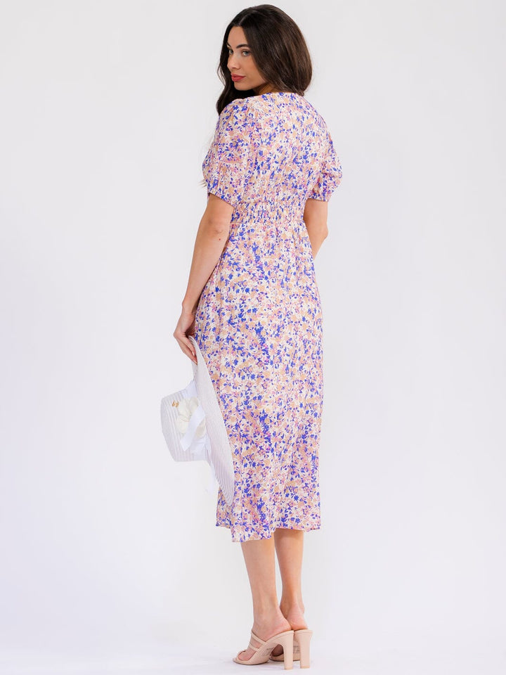 WOMEN'S SHORT SLEEVE V-NECK BUTTON UP FRONT POCKETS FLORAL MAXI DRESS