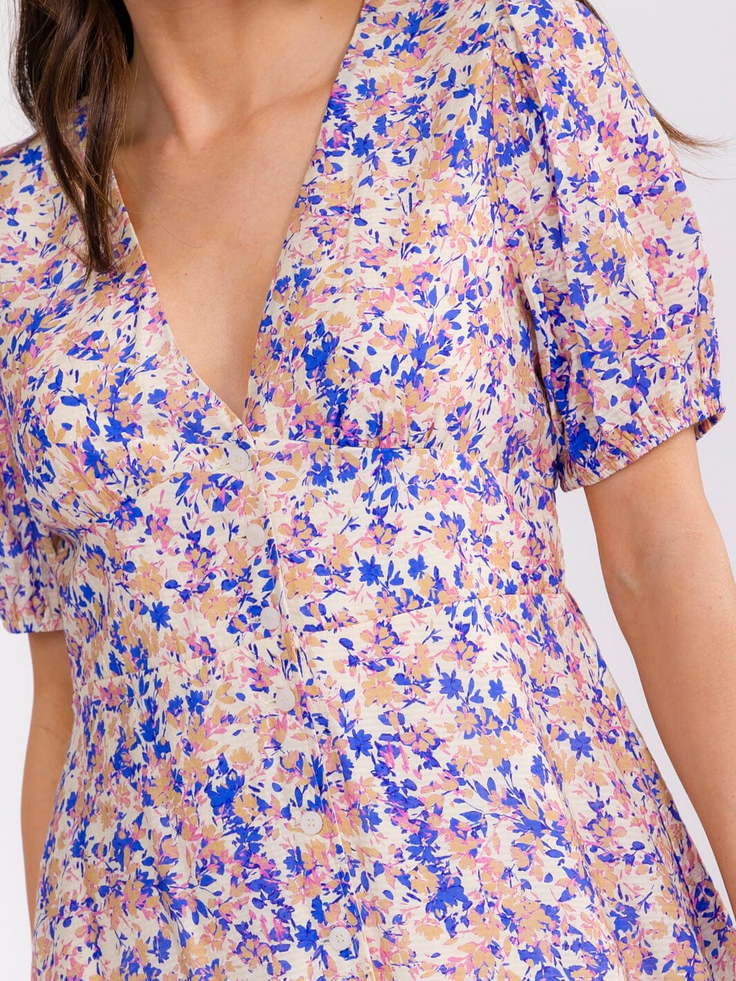 WOMEN'S SHORT SLEEVE V-NECK BUTTON UP FRONT POCKETS FLORAL MAXI DRESS