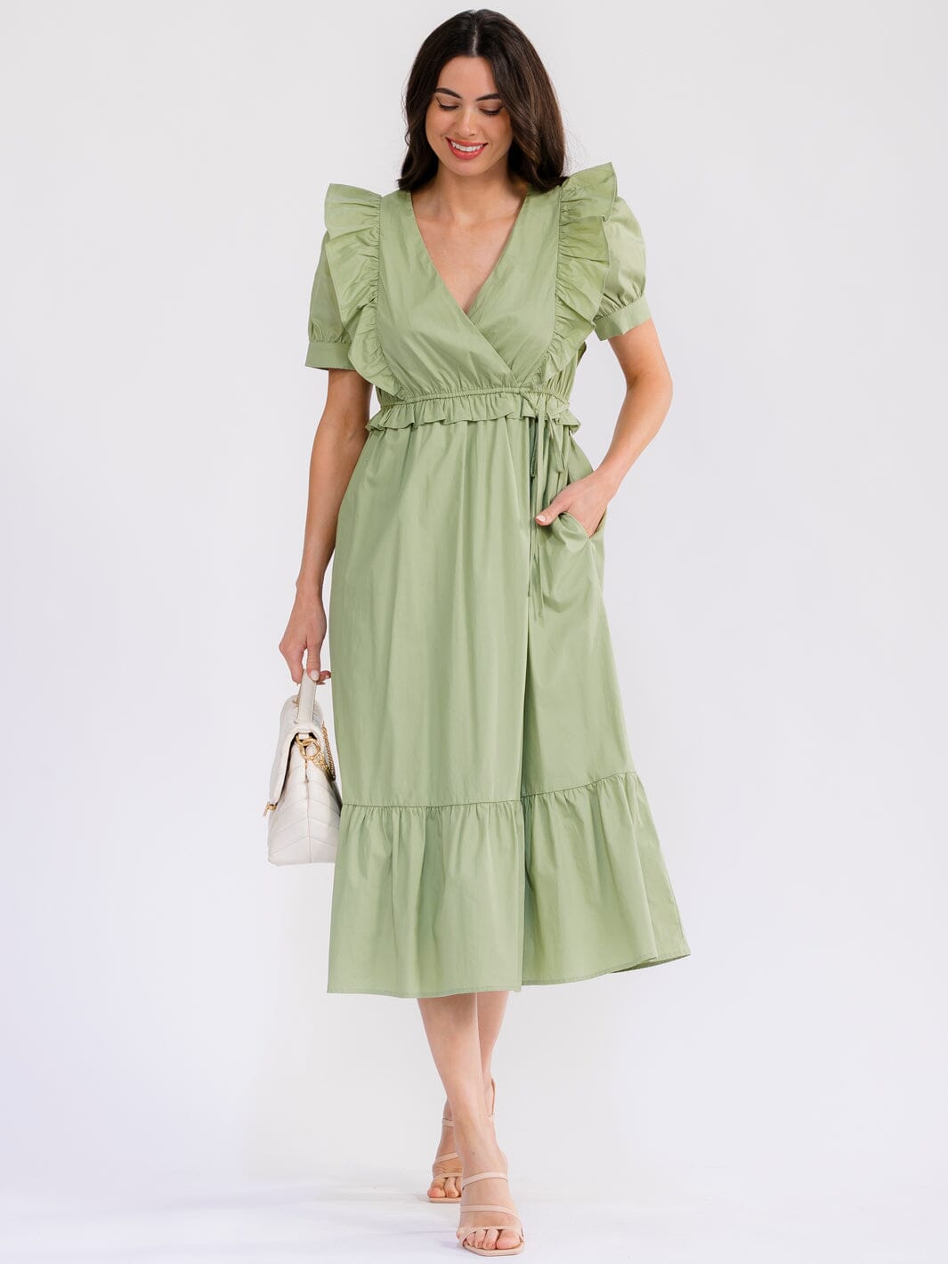 WOMEN'S SHORT SLEEVE SURPLICE ELASTIC WAIST FRONT POCKETS TIERED MAXI DRESS